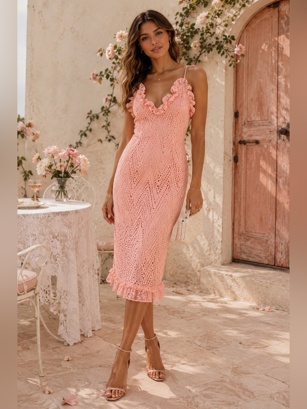 C/MEO Collective Sherbet Pink Eyelet Ruffle Midi Dress XS Cocktail Wedding